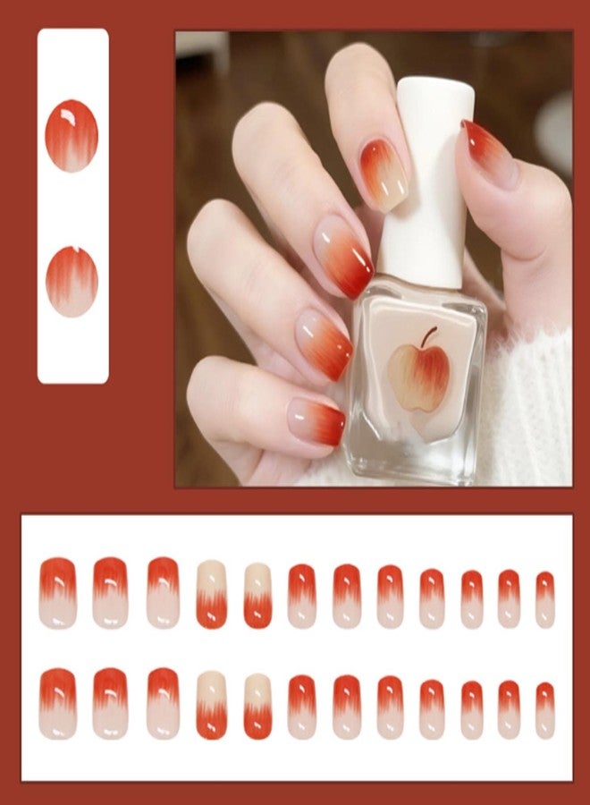 YoYoee 24Pes Short Press on Nails - Square Fake Nails Nude Gradient False Nails Full Cover Apple Pattern Nails Tips for Women - Image 2